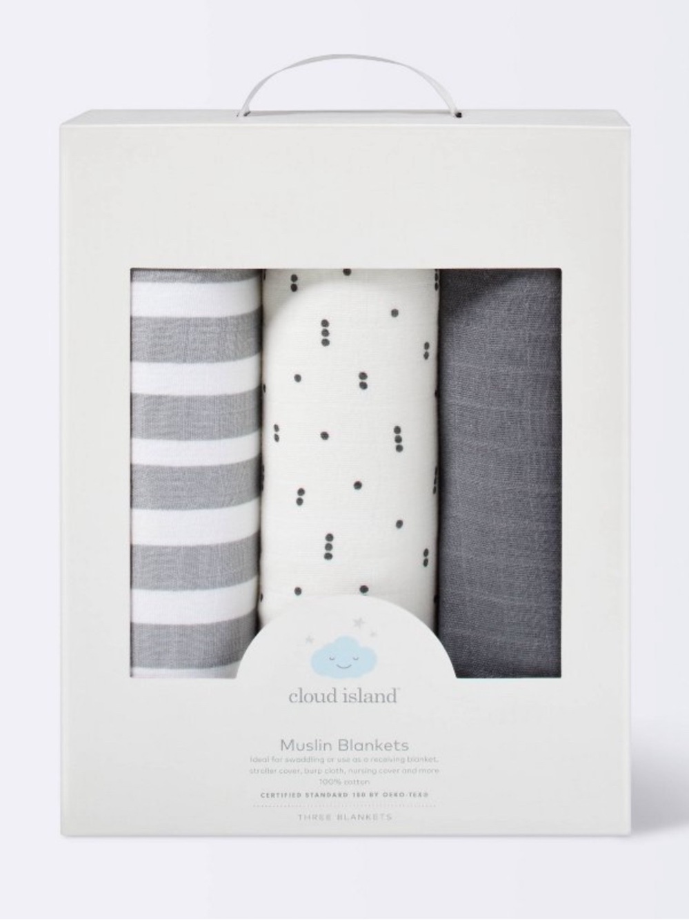 Cloud Island Muslin Baby Blankets - Charcoal, Light Gray Stripe & White Gray Dot